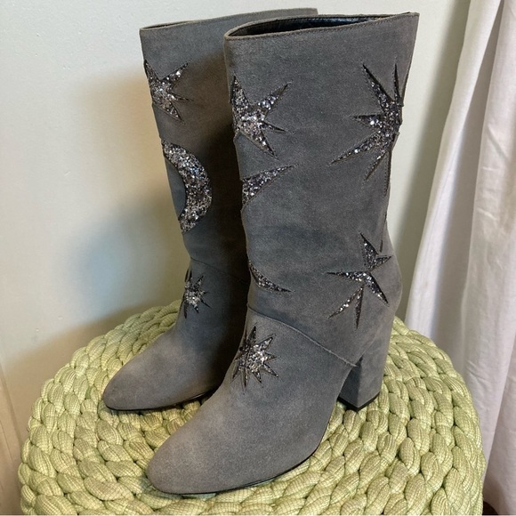 Avec Les Filles Nikita Gray Suede Glitter Star Moon Celestial Mid Calf Boots - Picture 6 of 13